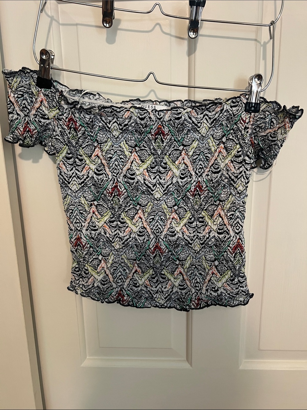 GUESS Black Multicolor Smocked Off-Shoulder Crop Top